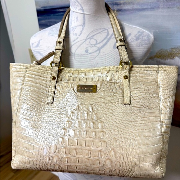 BRAHMIN Leather Croc Vintage Tote Shoulder Bag, with storage bag, Cream - Picture 1 of 17